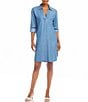 Color:Chambray - Image 1 - Petite Size Chambray Collared V-Neck Long Roll Tab Sleeve Shirt Dress