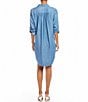 Color:Chambray - Image 2 - Petite Size Chambray Collared V-Neck Long Roll Tab Sleeve Shirt Dress