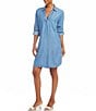 Color:Chambray - Image 3 - Petite Size Chambray Collared V-Neck Long Roll Tab Sleeve Shirt Dress