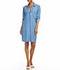 Color:Chambray - Image 4 - Petite Size Chambray Collared V-Neck Long Roll Tab Sleeve Shirt Dress