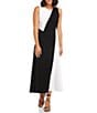 Color:Black/White - Image 1 - Petite Size Color Blocked Print Sleeveless Midi Dress