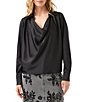 Karen Kane Petite Size Coordinating Satin Collared Draped Cowl Neck Long Sleeve Blouse - Image 1