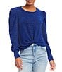 Color:Blue - Image 1 - Petite Size Crew Neck Puff Sleeve Front Twist Metallic Knit Shirt
