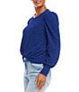 Color:Blue - Image 3 - Petite Size Crew Neck Puff Sleeve Front Twist Metallic Knit Shirt
