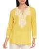 Color:Yellow - Image 1 - Petite Size Embroidered Split V-Neck 3/4 Sleeve Tunic