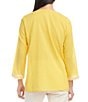 Color:Yellow - Image 2 - Petite Size Embroidered Split V-Neck 3/4 Sleeve Tunic