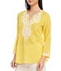 Color:Yellow - Image 3 - Petite Size Embroidered Split V-Neck 3/4 Sleeve Tunic
