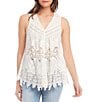 Color:Off White - Image 1 - Petite Size Embroidery Eyelet Lace V-Neck Sleeveless Bohemian Inspired Top