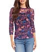 Color:Floral - Image 1 - Petite Size Floral Crew Neck 3/4 Shirred Sleeve Mesh Top