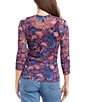 Color:Floral - Image 2 - Petite Size Floral Crew Neck 3/4 Shirred Sleeve Mesh Top