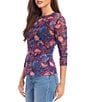 Color:Floral - Image 3 - Petite Size Floral Crew Neck 3/4 Shirred Sleeve Mesh Top