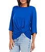 Color:Blue - Image 3 - Petite Size Knit Flare Sleeve Crew Neck Top