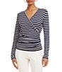 Karen Kane Petite Size Knit Stripe Crossover V-Neck Long Sleeve Side-Shirred Top, Color:Stripe - Image 1