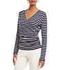 Karen Kane Petite Size Knit Stripe Crossover V-Neck Long Sleeve Side-Shirred Top, Color:Stripe - Image 3
