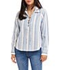 Karen Kane Petite Size Linen-Blend Striped Collared Long Sleeve Lace-Up Top, Color:Stripe - Image 1