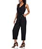 Color:Black - Image 3 - Petite Size Linen Blend Surplice V-Neck Sleeveless Cropped Jumpsuit