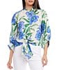 Color:Floral - Image 1 - Petite Size Linen Floral Print Banded Collar 3/4 Sleeve Tie Front Blouse