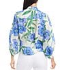 Color:Floral - Image 2 - Petite Size Linen Floral Print Banded Collar 3/4 Sleeve Tie Front Blouse