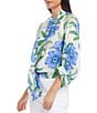 Color:Floral - Image 3 - Petite Size Linen Floral Print Banded Collar 3/4 Sleeve Tie Front Blouse