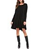 Color:Black - Image 1 - Petite Size Maggie Knit Jersey Scoop Neck Long Sleeve Swing Dress