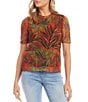 Color:Print - Image 1 - Petite Size Palm Print Mesh Knit Crew Neck Short Sleeve Fitted Top