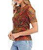 Color:Print - Image 3 - Petite Size Palm Print Mesh Knit Crew Neck Short Sleeve Fitted Top
