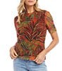 Color:Print - Image 4 - Petite Size Palm Print Mesh Knit Crew Neck Short Sleeve Fitted Top