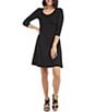 Color:Black - Image 1 - Petite Size Knit Scoop Neck 3/4 Sleeve Fit and Flare Dress