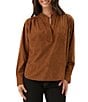 Karen Kane Petite Size Shimmer Faux Suede Split V-Neck Long Sleeve Top - Image 2