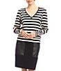 Karen Kane Petite Size Stripe Bishop Sleeve V-Neck Top, Color:Black/Cream - Image 3