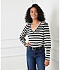 Karen Kane Petite Size Stripe Bishop Sleeve V-Neck Top, Color:Black/Cream - Image 4
