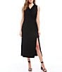 Color:Black - Image 1 - Petite Size Surplice V-Neck Sleeveless Side Slit Faux Wrap Midi Dress