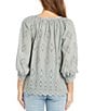 Color:Slate - Image 2 - Petite Size Textured Eyelet 3/4 Cuffed Blouson Sleeve Tie V-Neck Scalloped Hem Peasant Top