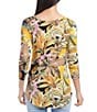 Color:Print - Image 2 - Petite Size Tropical Floral Print Knit Scoop Neck 3/4 Sleeve Shirttail Hem Top