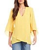 Color:Yellow - Image 1 - Petite Size V-Neck 3/4 Sleeve Crossover Hem Silky Crepe Top