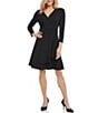 Color:Black - Image 1 - Petite Size V-Neck 3/4 Sleeve Faux Wrap Drape Dress