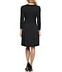 Color:Black - Image 2 - Petite Size V-Neck 3/4 Sleeve Faux Wrap Drape Dress