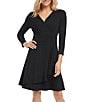 Color:Black - Image 3 - Petite Size V-Neck 3/4 Sleeve Faux Wrap Drape Dress