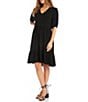 Color:Black - Image 3 - Petite Size V-Neck Poof Sleeve Tiered Dress