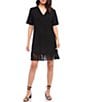 Color:Black - Image 1 - Petite Size V-Neck Short Sleeve Fringe Hem Jersey Knit Dress