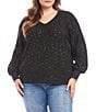 Karen Kane Plus Size Allover Sequin Knit V-Neck Long Sleeve Sweater, Color:Black - Image 1