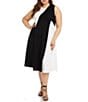 Color:Black with White - Image 1 - Plus Size Color Blocked Print Sleeveless Crew Neck Midi Dress