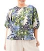 Karen Kane Plus Size Coordinating Island Palms Collarless Elbow Puff Sleeve Button-Front Shirt - Image 1