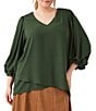 Karen Kane Plus Size Crepe V-Neck 3/4 Layered Sleeve Asymmetric Top - Image 1