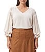 Karen Kane Plus Size Crepe V-Neck 3/4 Layered Sleeve Asymmetric Top - Image 1