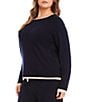 Karen Kane Plus Size Double Layered Crew Neck Long Sleeve Coordinating Soft Knit Sweater, Color:Navy/Cream - Image 3