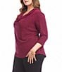Karen Kane Plus Size Drape-Front Neck 3/4 Sleeve Metallic Knit Top, Color:Magenta - Image 3