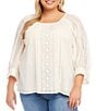 Color:Cream - Image 1 - Plus Size Embroidered Lace Inset Cotton Scoop Neck Blouson Sleeve Top