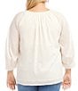 Color:Cream - Image 2 - Plus Size Embroidered Lace Inset Cotton Scoop Neck Blouson Sleeve Top
