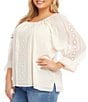 Color:Cream - Image 3 - Plus Size Embroidered Lace Inset Cotton Scoop Neck Blouson Sleeve Top